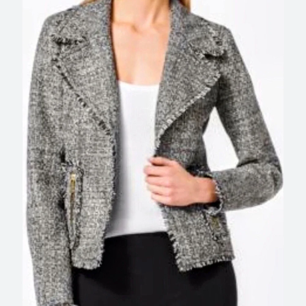 Michael kors women’s black and white tweed fringed sport jacket size 0